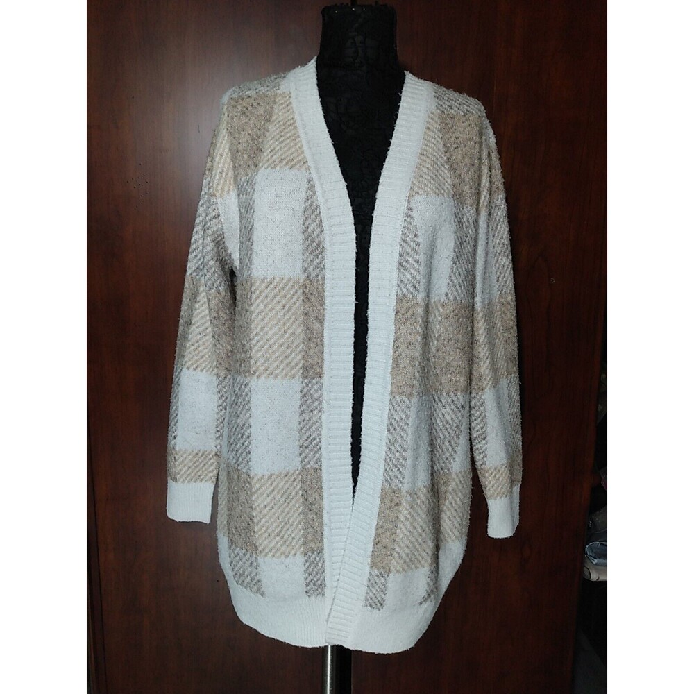 Rd Style Women's Ivory Beige Plaid Long Sleeve Warm Open Cardigan Size Large